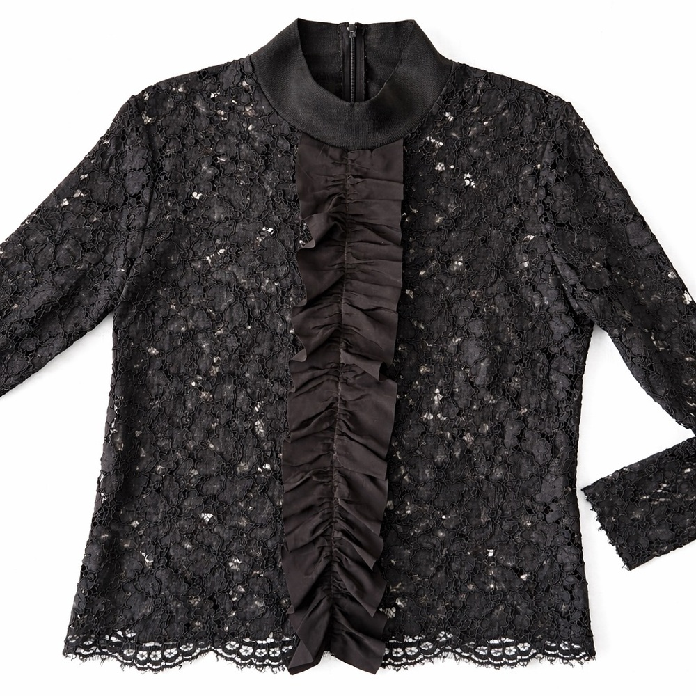 Sandro Black Sheer Floral Lace Ruffle-Front Mock Neck Long Sleeve Blouse 2/US M - Picture 7 of 12